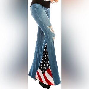 Ripped American Flag Bell Bottom Stretchy Jeans High Waisted Frayed Raw Hem Slim